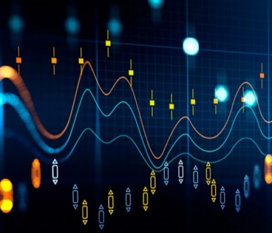 Stock market changes, forex candlesticks and bokeh lights. Yellow and blue hologram with chart and lines. Concept of online trading. 3D rendering